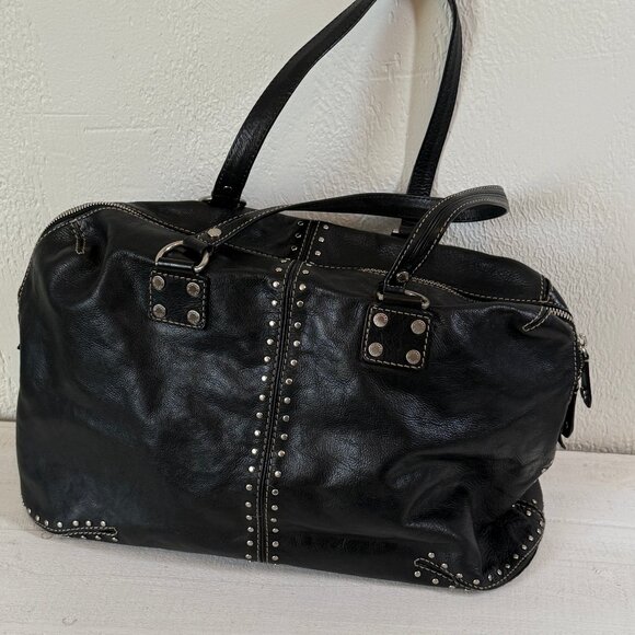 Michael Kors Astor Black Leather Tote Silver Studded Zip Shoulder Bag - Picture 1 of 16